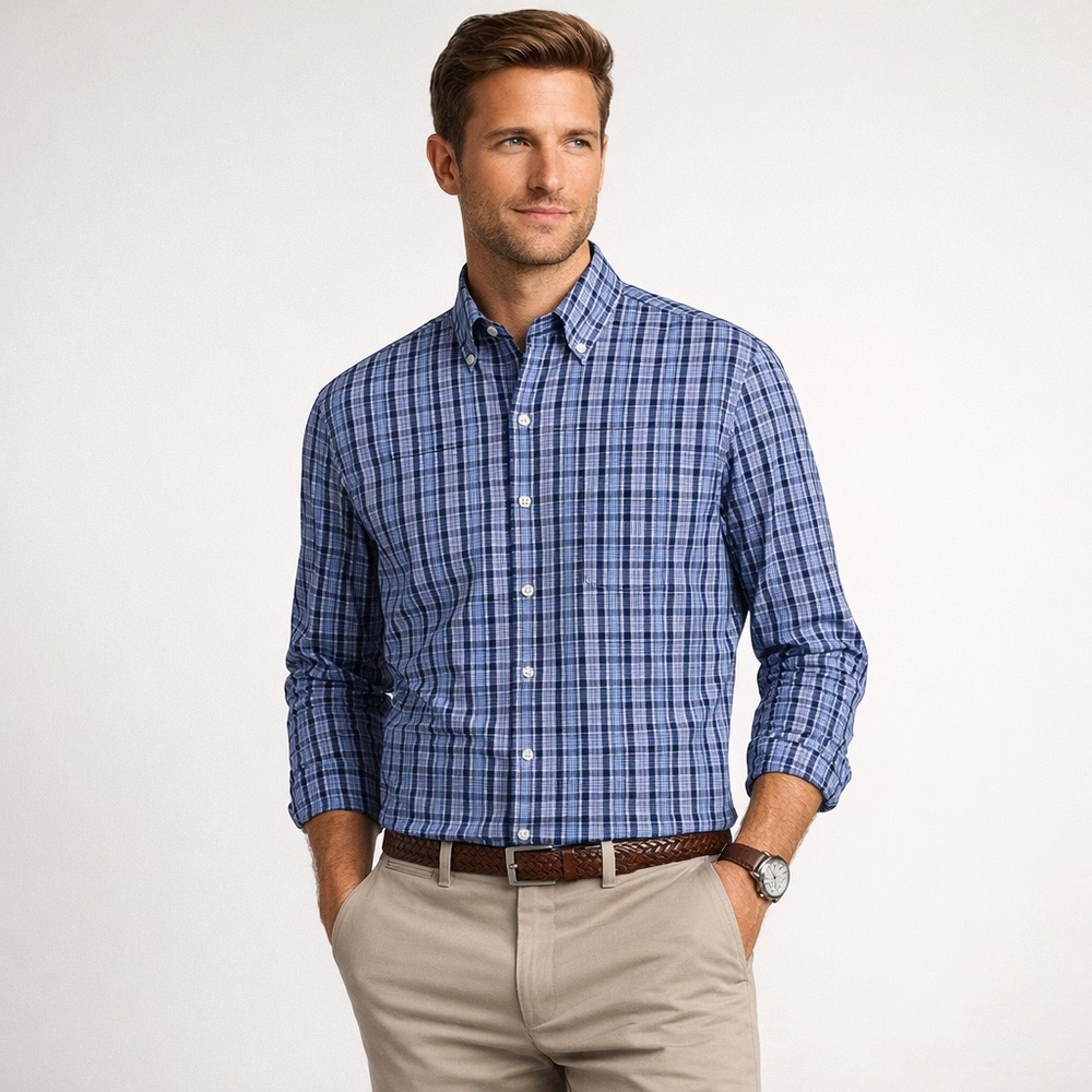Peter Millar Summer Comfort Button Down Shirt Blue Plaid Stretch Men’s L Preppy